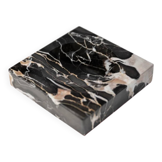 Vintage Black Beige White Marble Ashtray with Red Fabric Base - 1970s Italian Design, Heavy Desk Sculpture