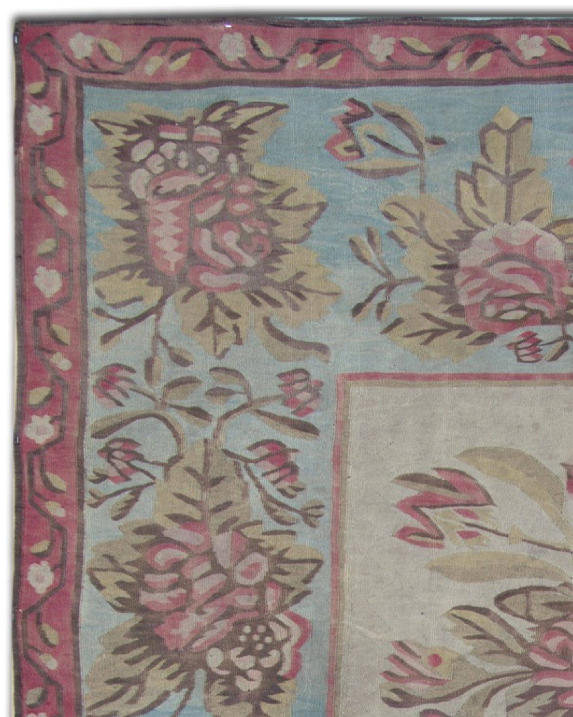 Tapis Kilim de Bessarabie en laine tissée à plat à motifs floraux roses et bleu, 1870