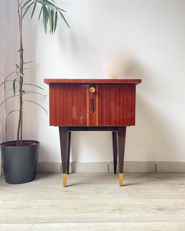 Table de chevet vintage bois et laiton, 1950