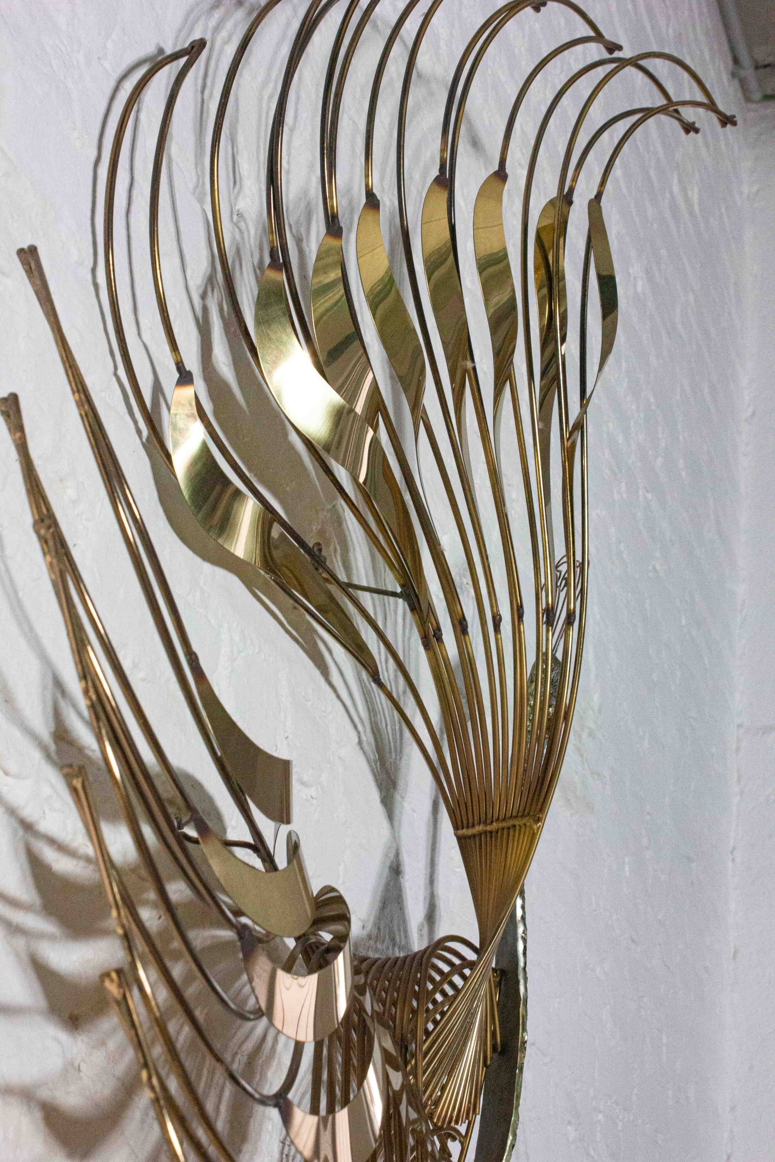 Impressive wall "Peacock" wall sculpture in brass by Curtis Jere, 1980s