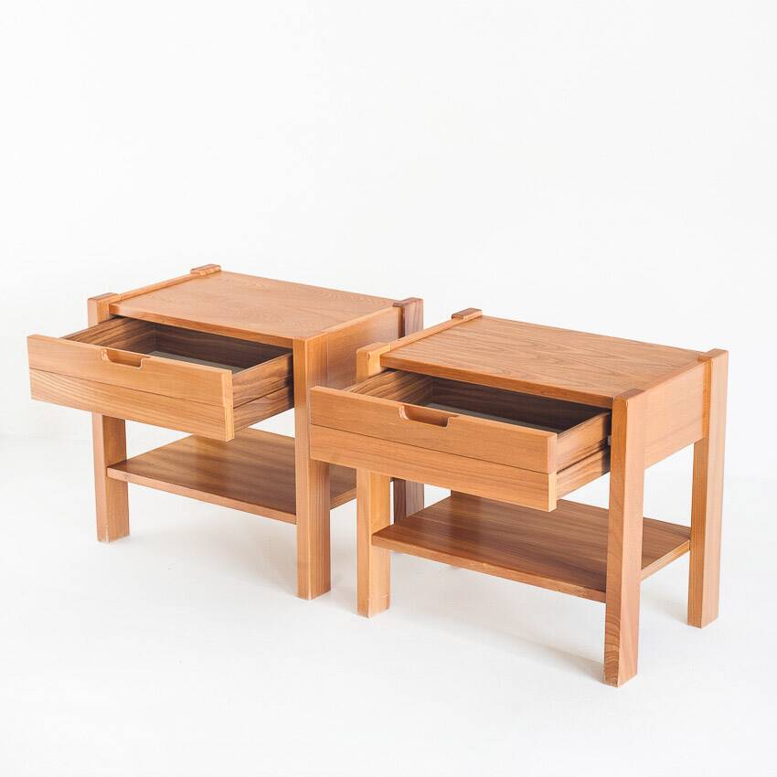 Pair of vintage bedside tables. Elm wood. France, 1970s
