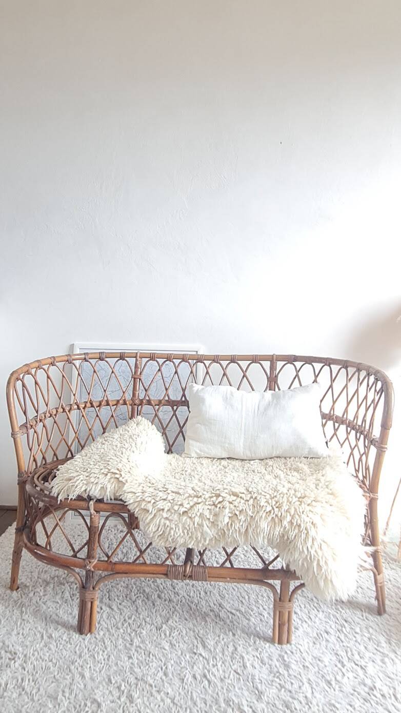Banquette en rotin et osier circa années 60