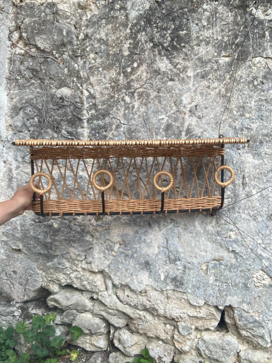 Vintage rattan wall coat rack
