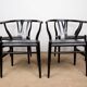 4 Danish chairs, black lacquered wood and leather, Wishbone model, Hans Wegner