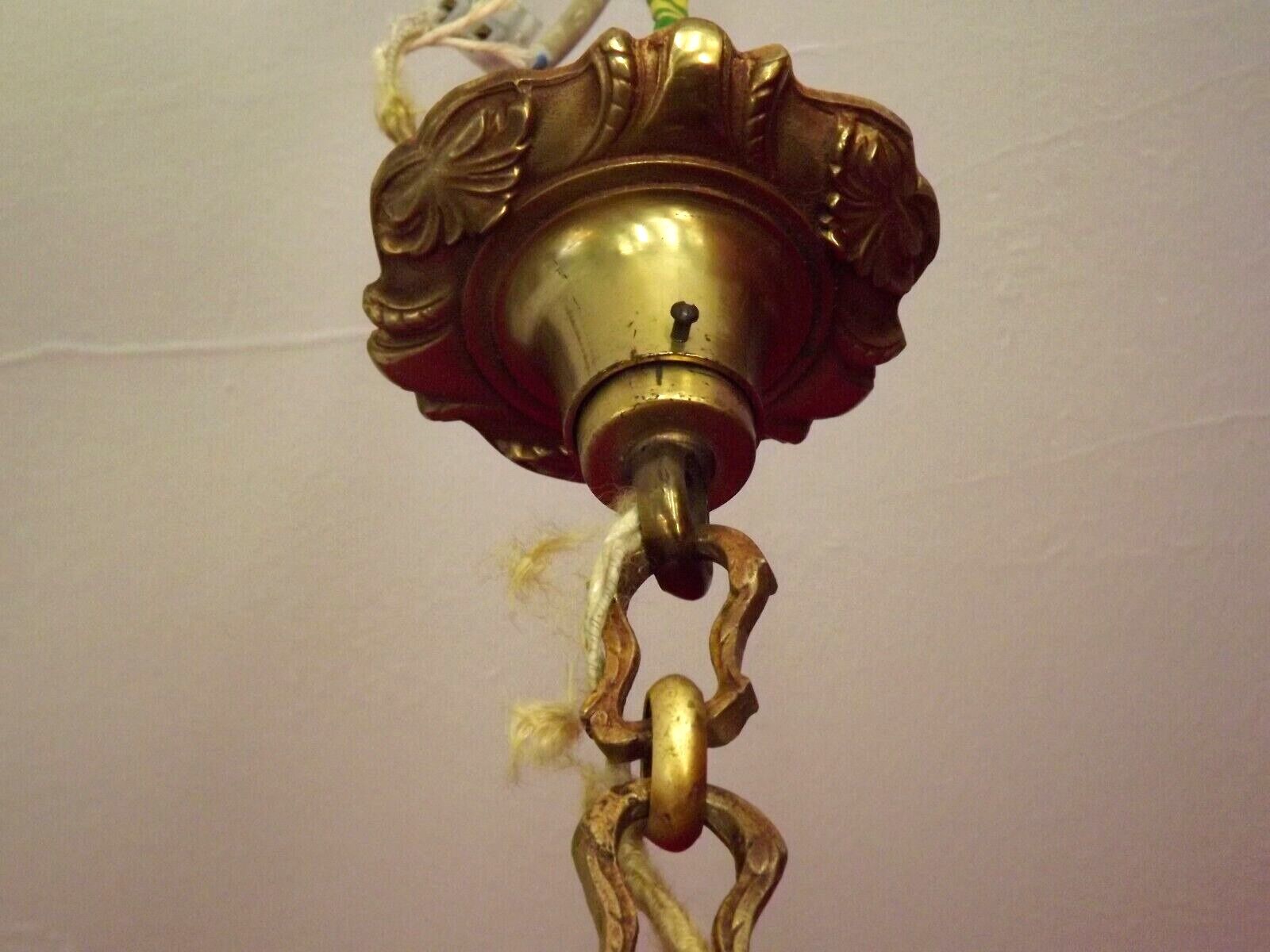 French antique 5 light brass crystal & glass acanthus leaf chandelier