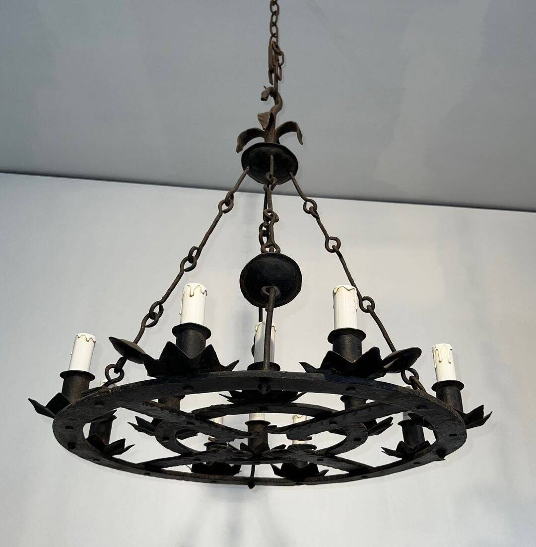 Wrought Iron Chandelier, 12 Lights, Gothic Style, French Work, circa 1