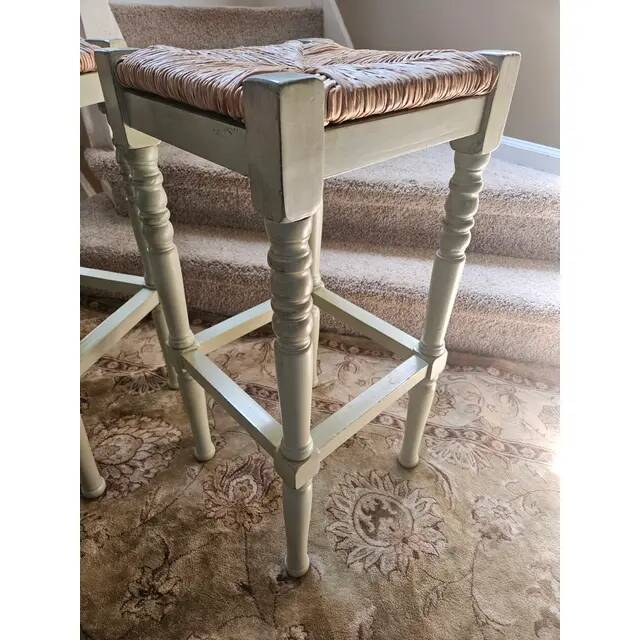 Vintage European Rustic Painted Straw Bar Stools - Set of 2