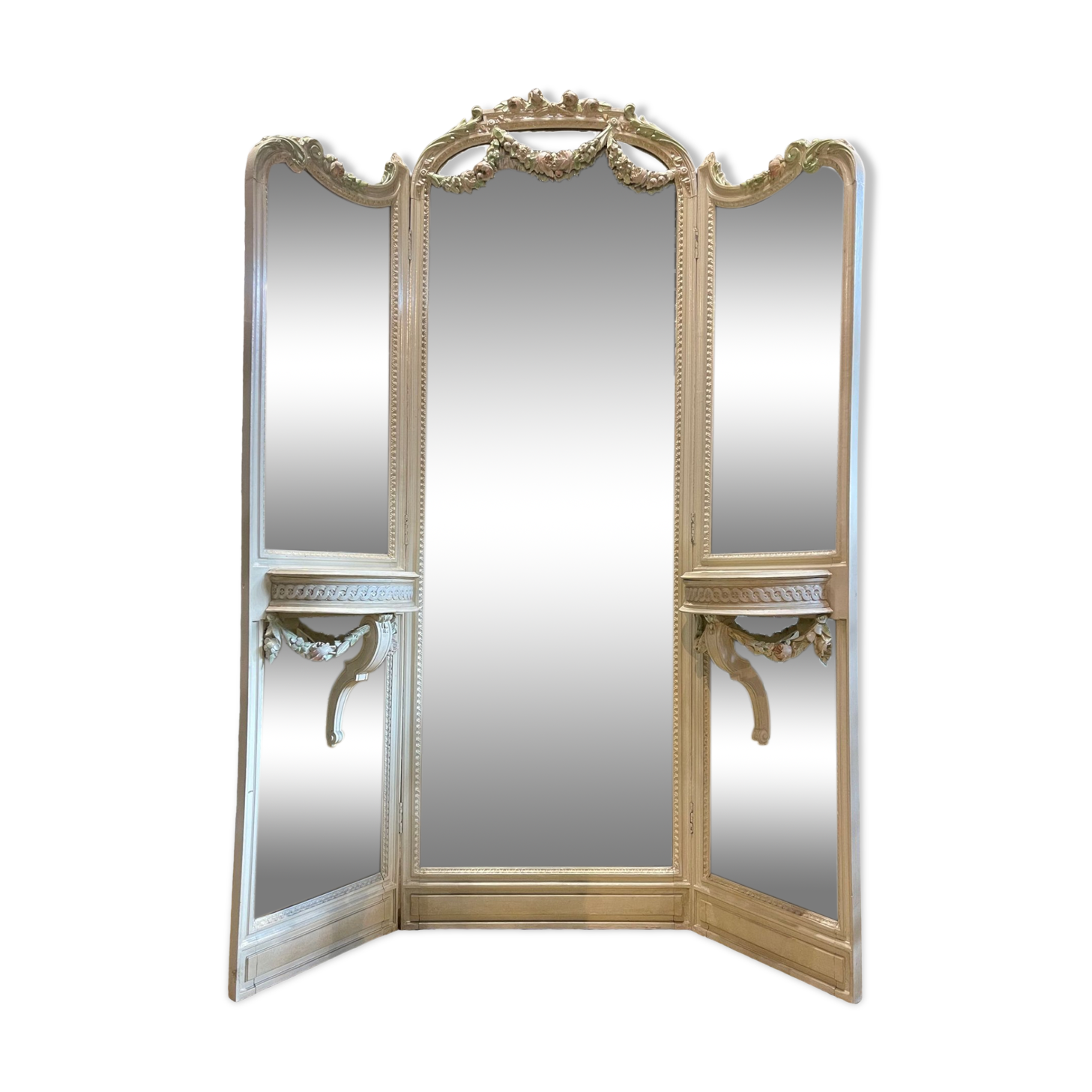 Mirror triptych style Louis XVI wooden rechampie cream XIX th century