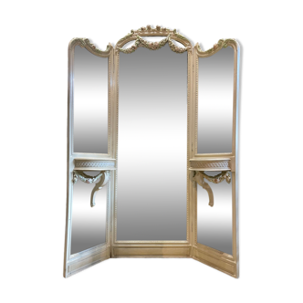 Miroir Triptyque de style Louis XVI En Bois Rechampie Crème XIX ème siècle
