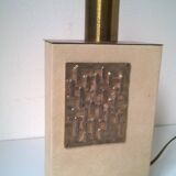Pied de lampe vintage en bois recouvert de skaï + laiton -Allemagne c.1970