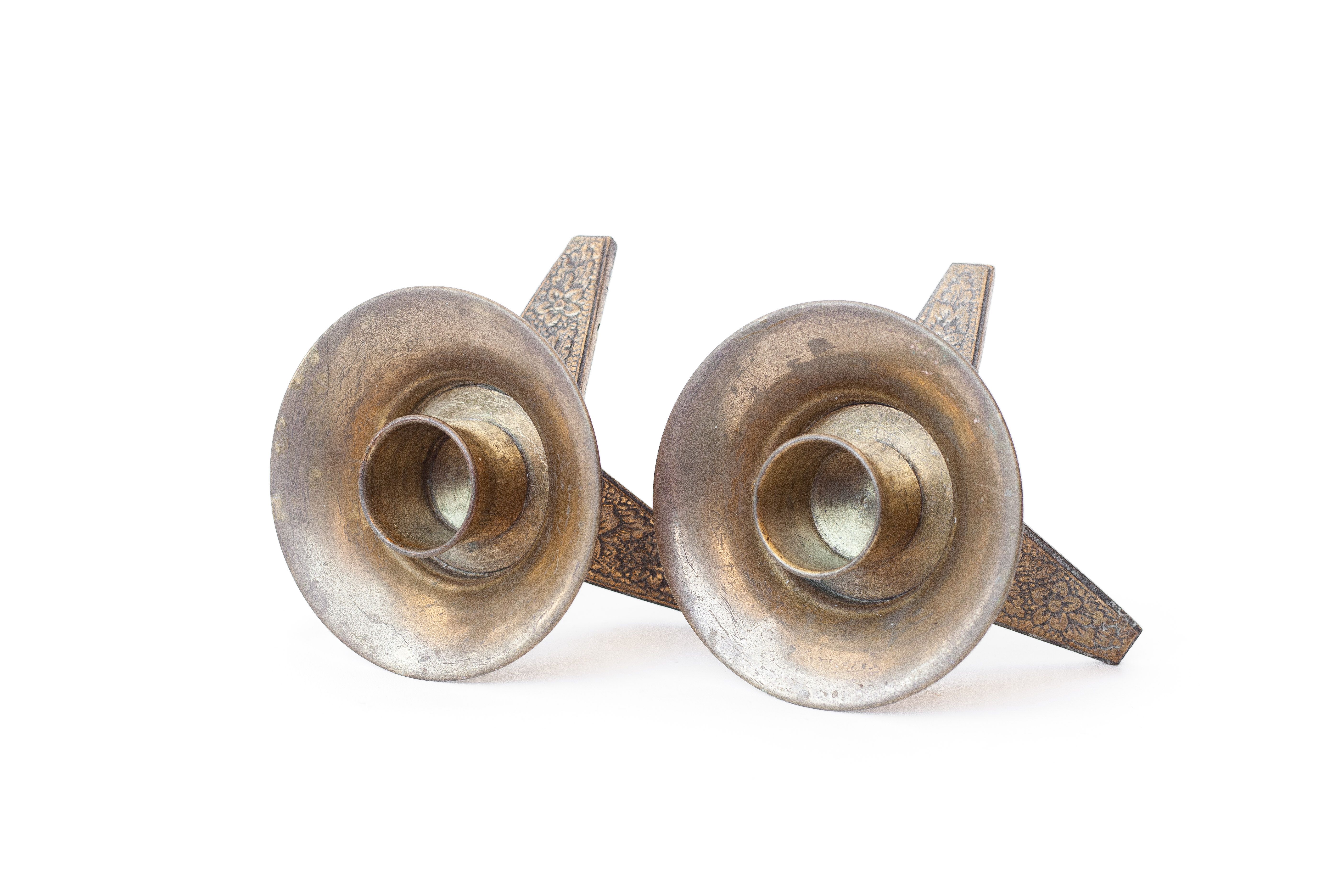 Pair of vintage candle holders, brass candle holders, candle holders, tripod legs, candelabra, floral pattern