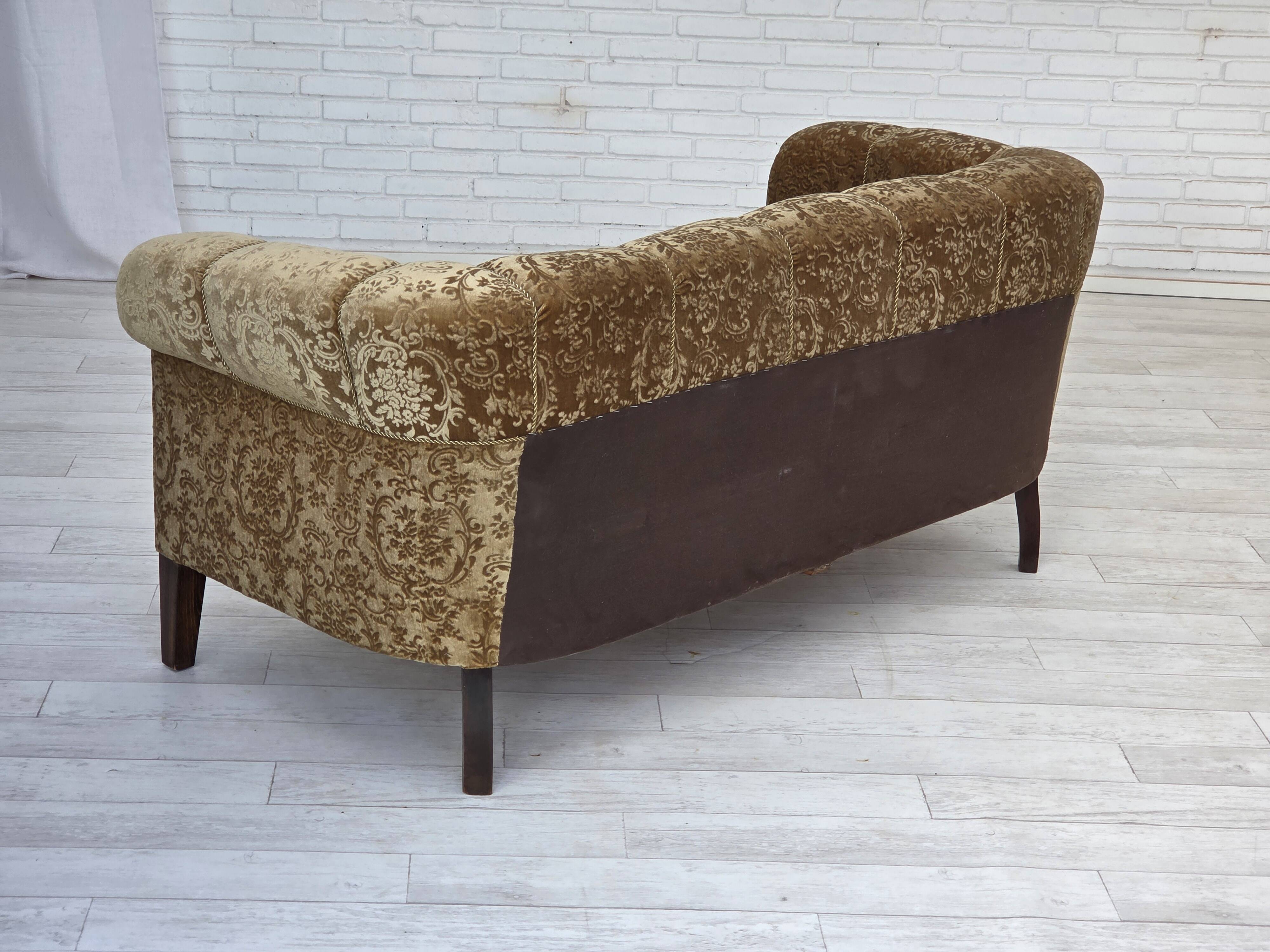 1960s, 3-seater Danish sofa, green furniture velour, ash wood legs.