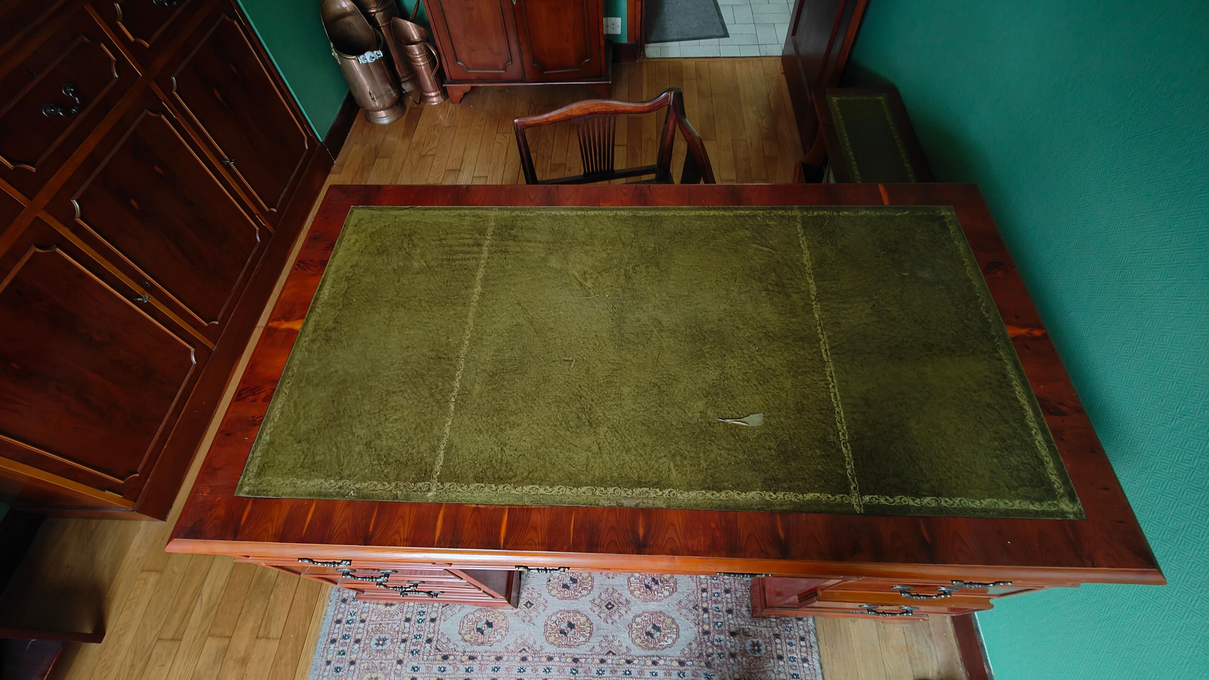 English-style mahogany desk and green leather top