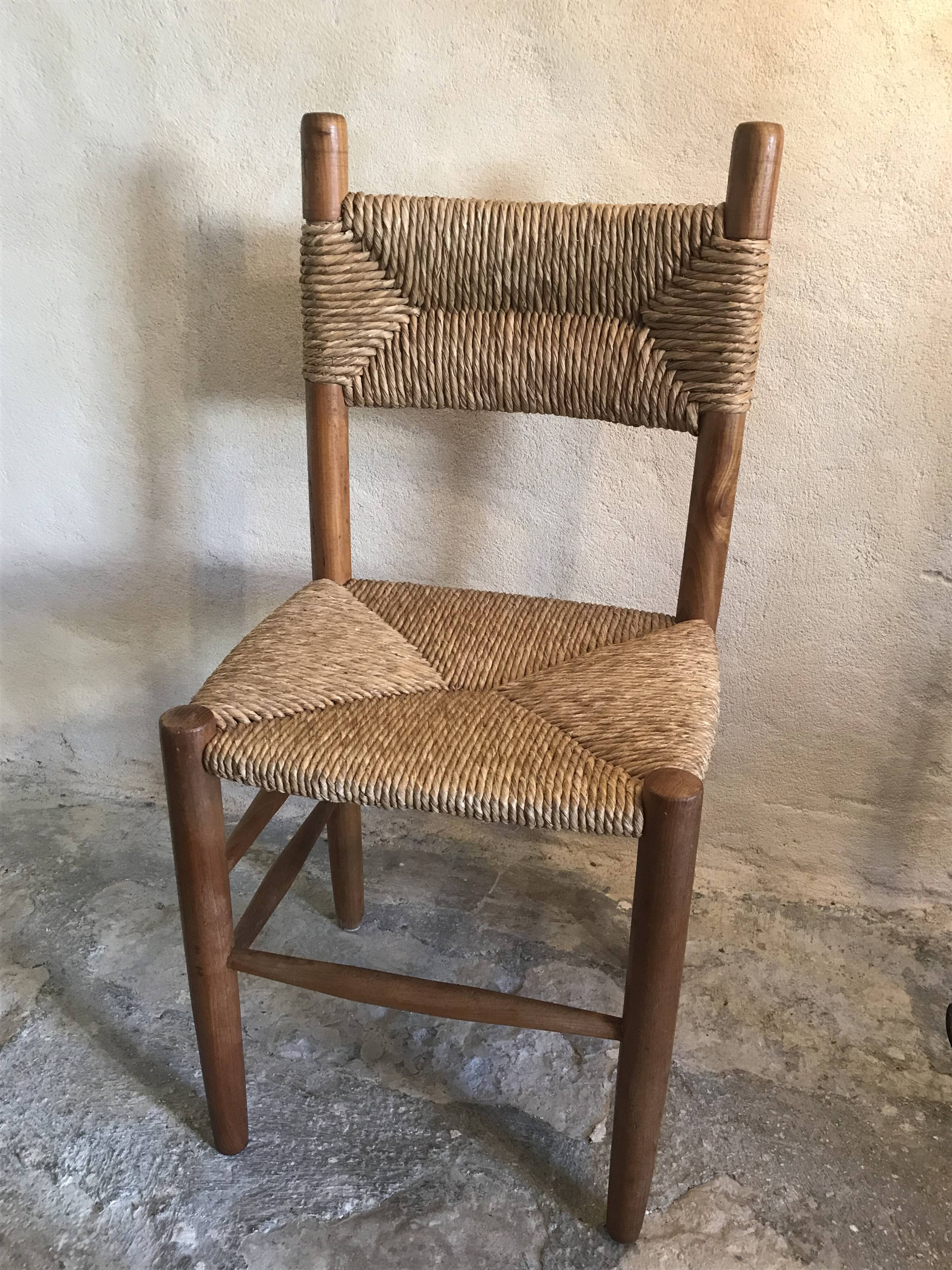 Brutalist vintage beech chair and mid-century straw