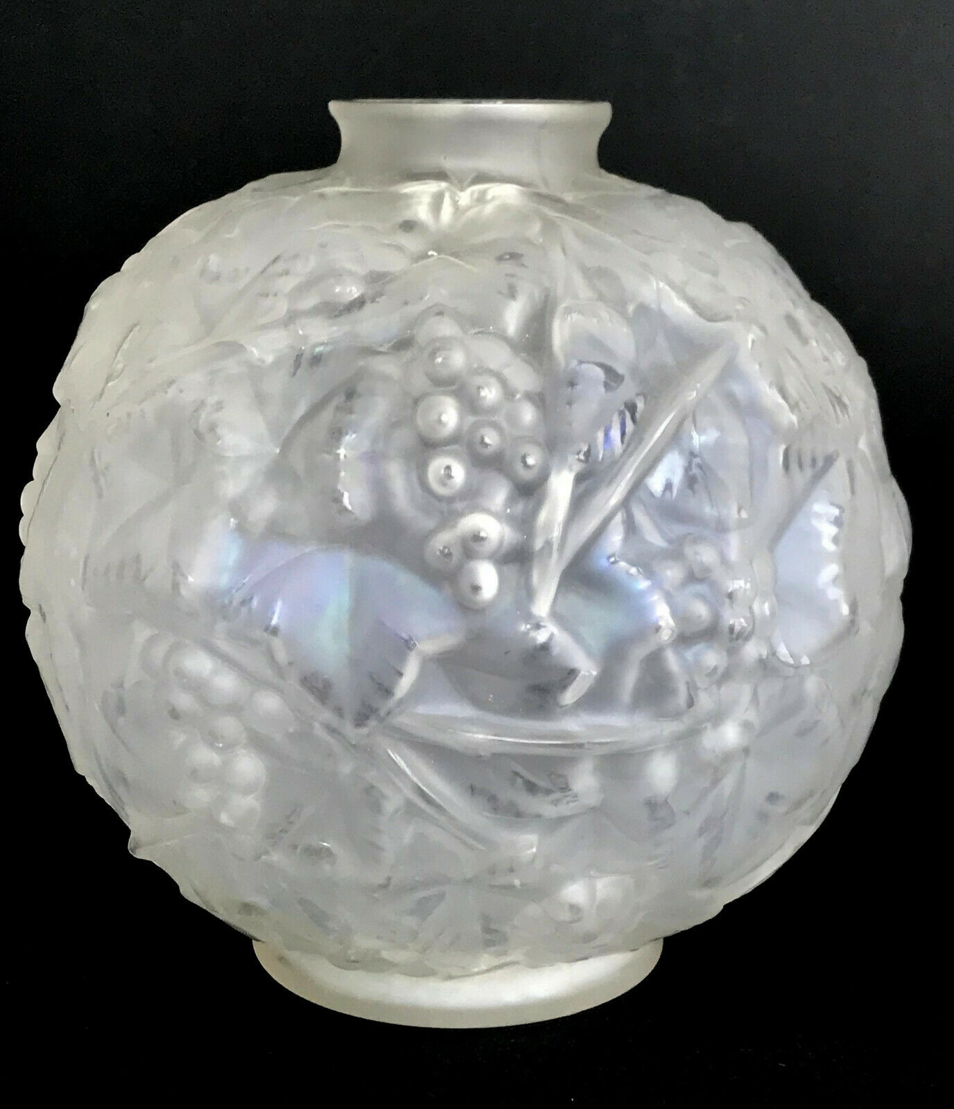 Pressed molded glass ball vase decorated with grape bunches