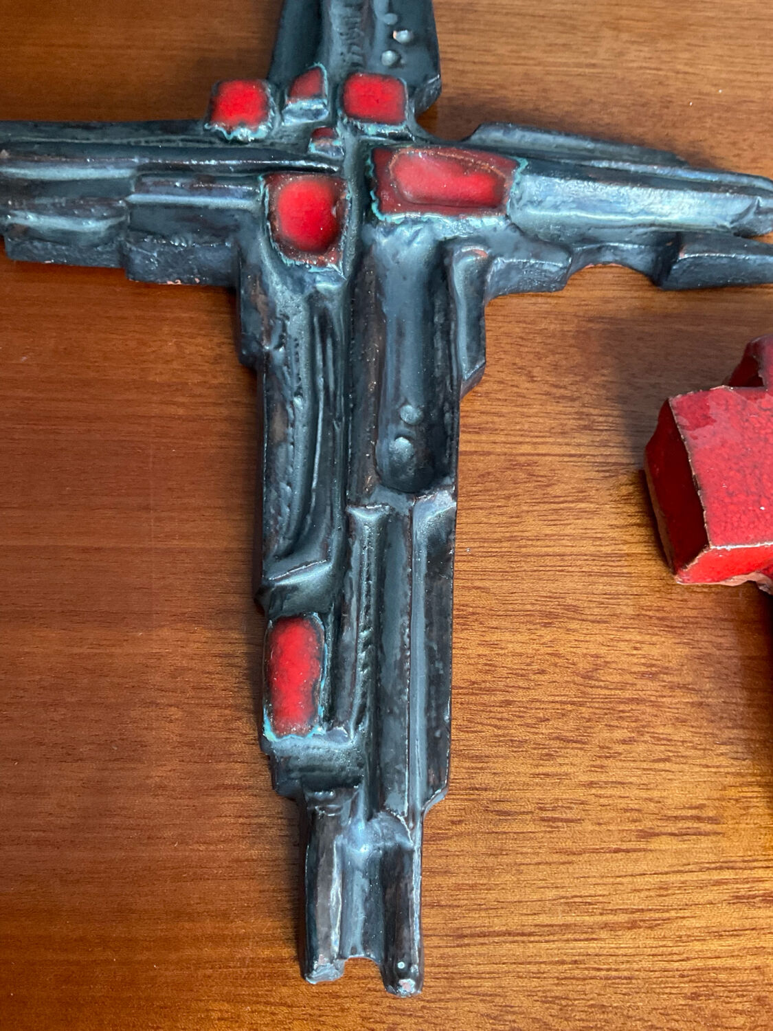 Vintage pair of glazed terracotta crosses
