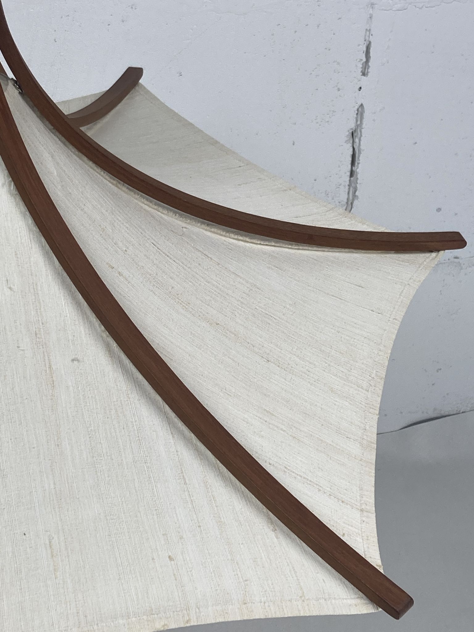 Teak and linen umbrella counter balance pendant by Domus, 1970s