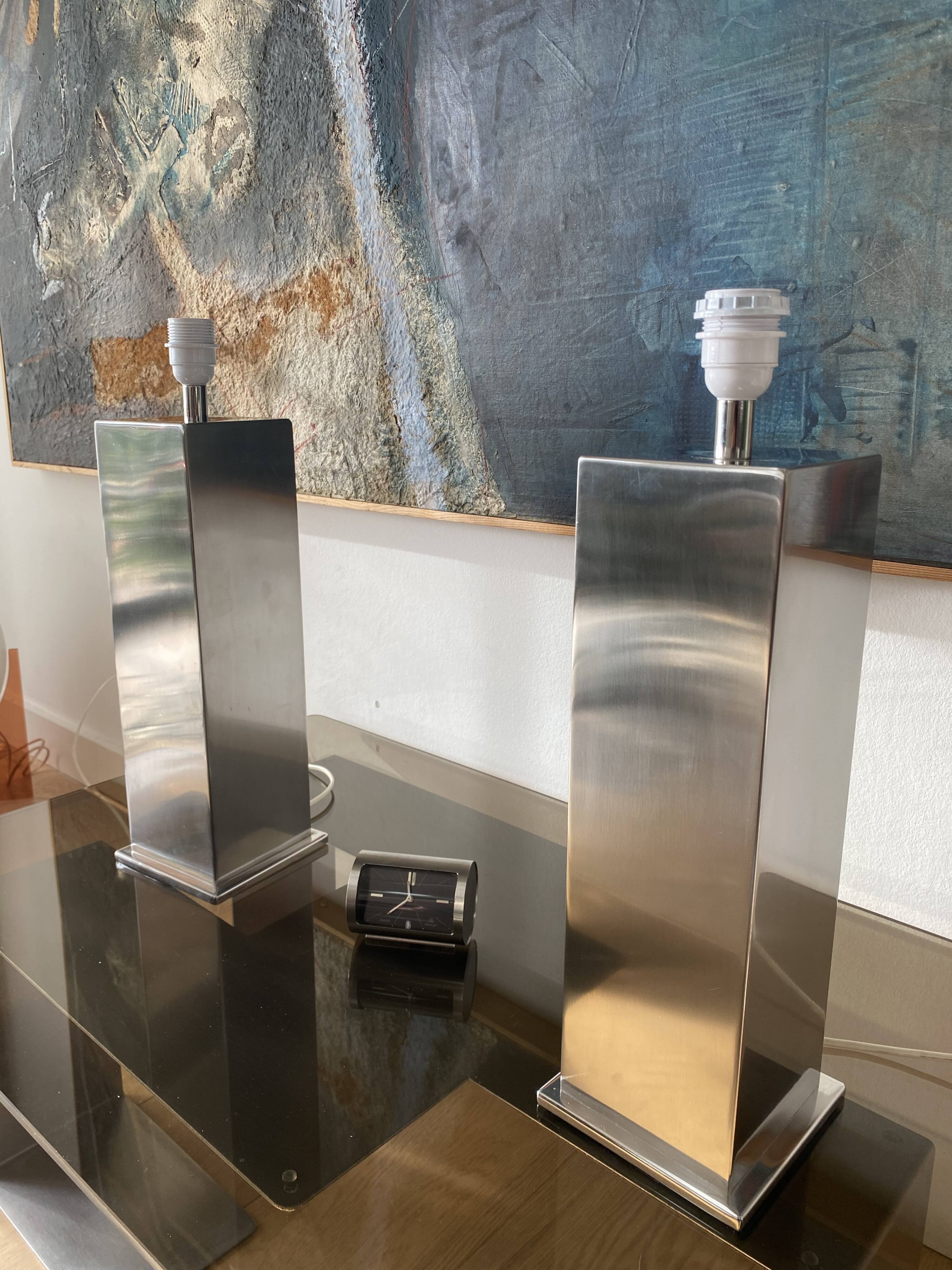 Pair of Building lamps in brushed stainless steel. Roche-bobois. France 1970