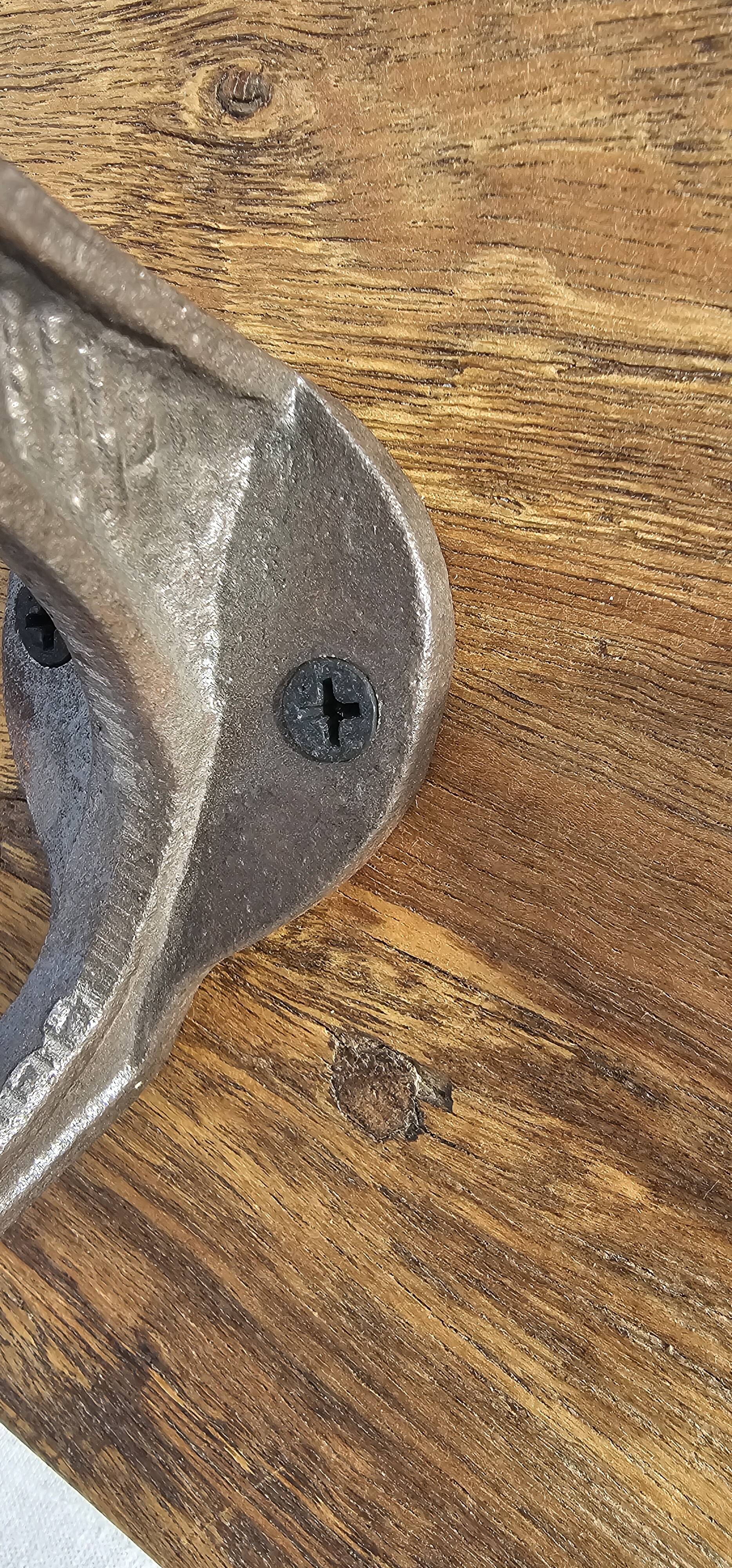 Teak coat rack with 8 double cast iron hooks