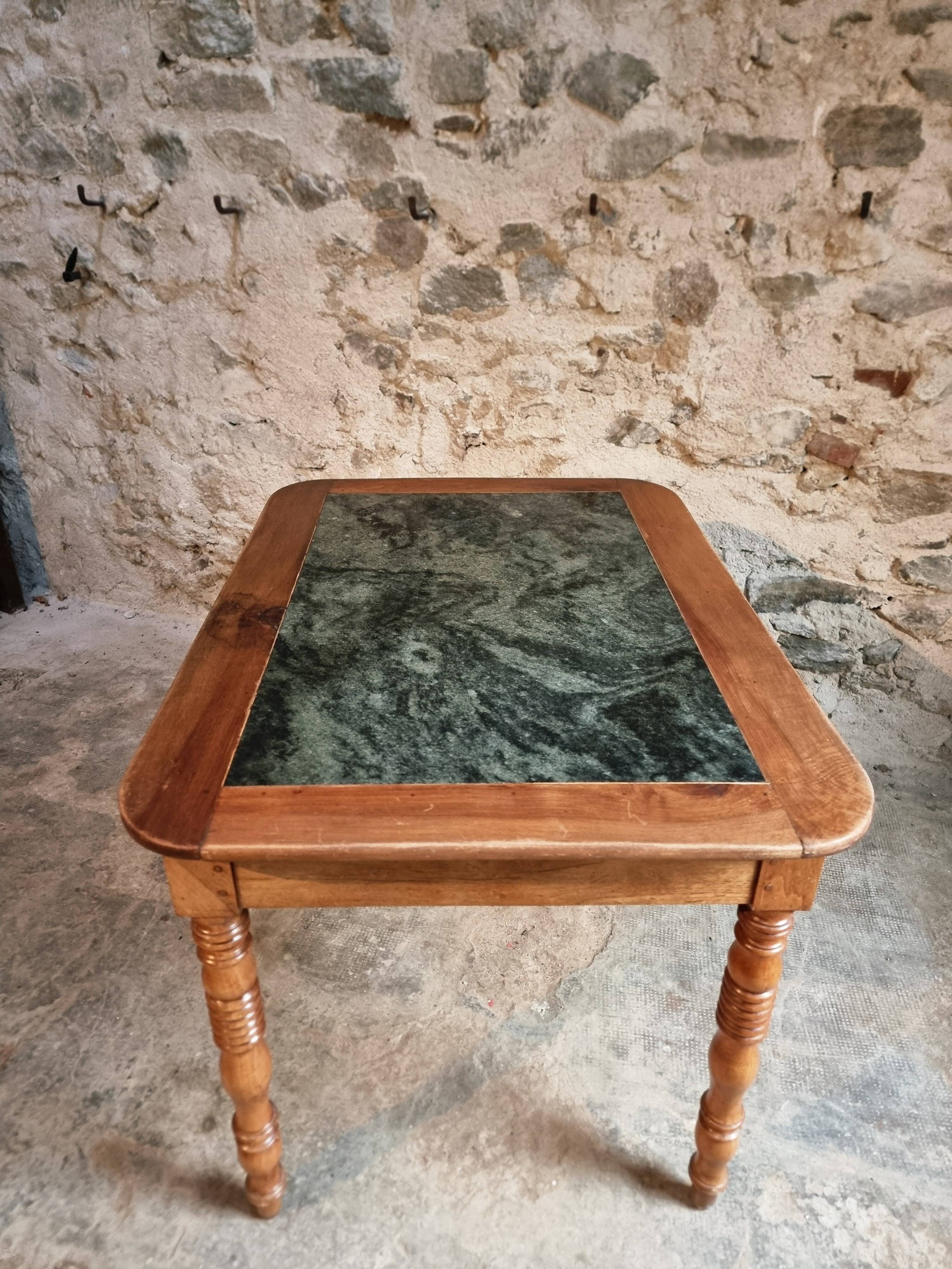 French vintage dining/desk table – oak and walnut – marble top – 1960s writing table with drawer