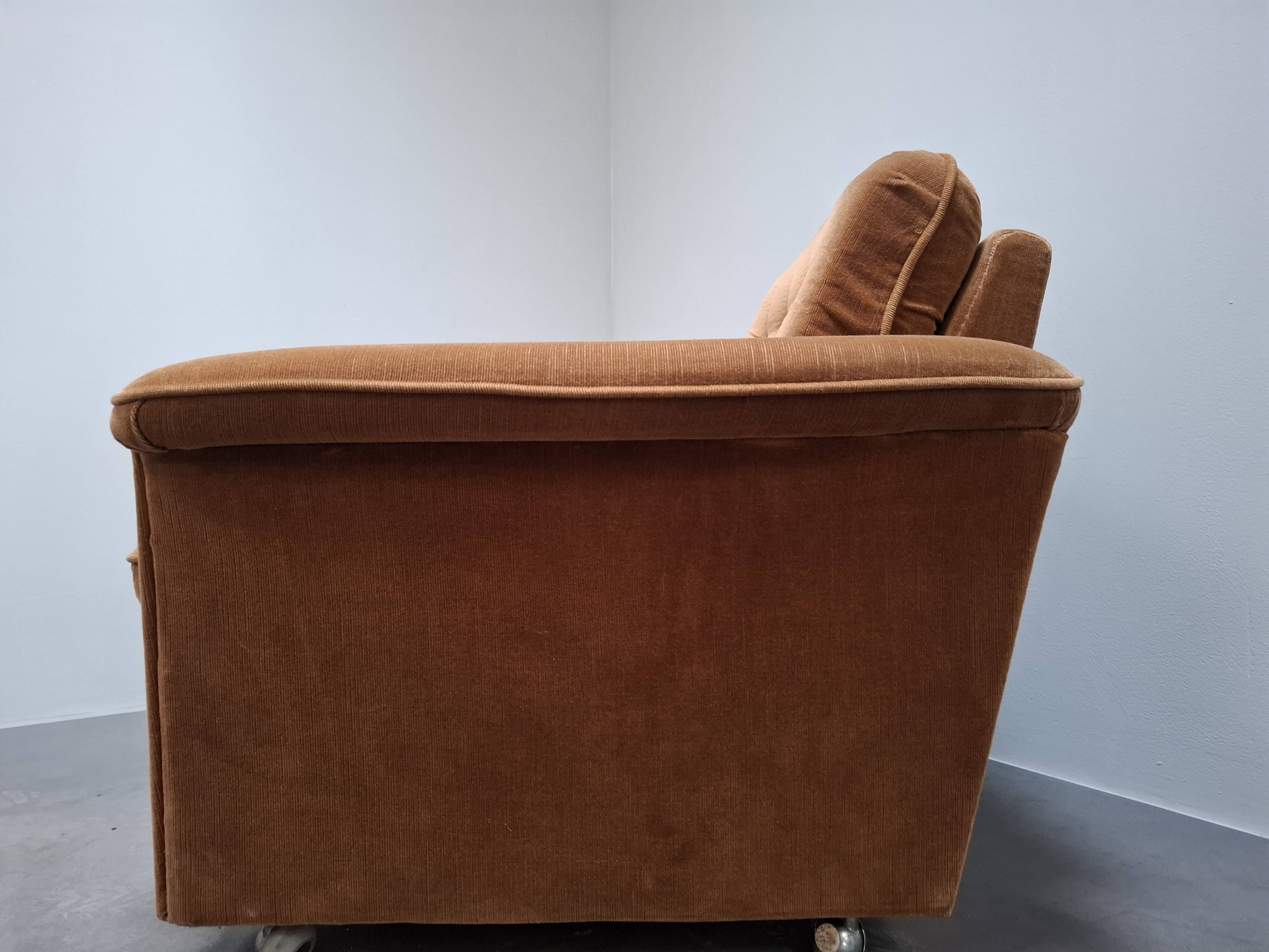 Pair of Mid-Century Modern Czech Lounge Armchairs with Rolling Casters