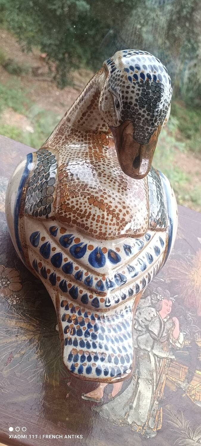 Ceramic signed duck in glazed stoneware, vintage 1960.