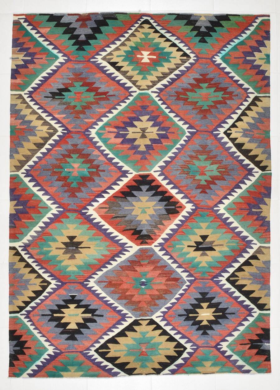 6x7 Kilim Multicolor Geometric Style Anatolian Kilim Rug, 166x230 Cm