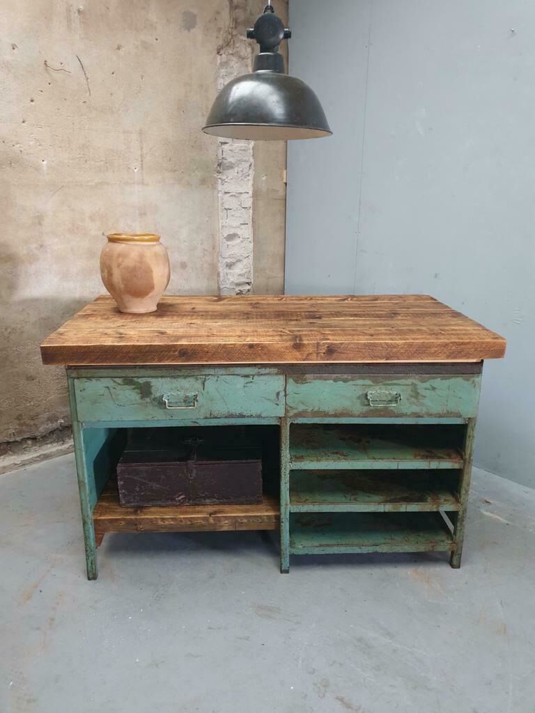 Industrial workbench kitchen island sideboard sea green with drawers
