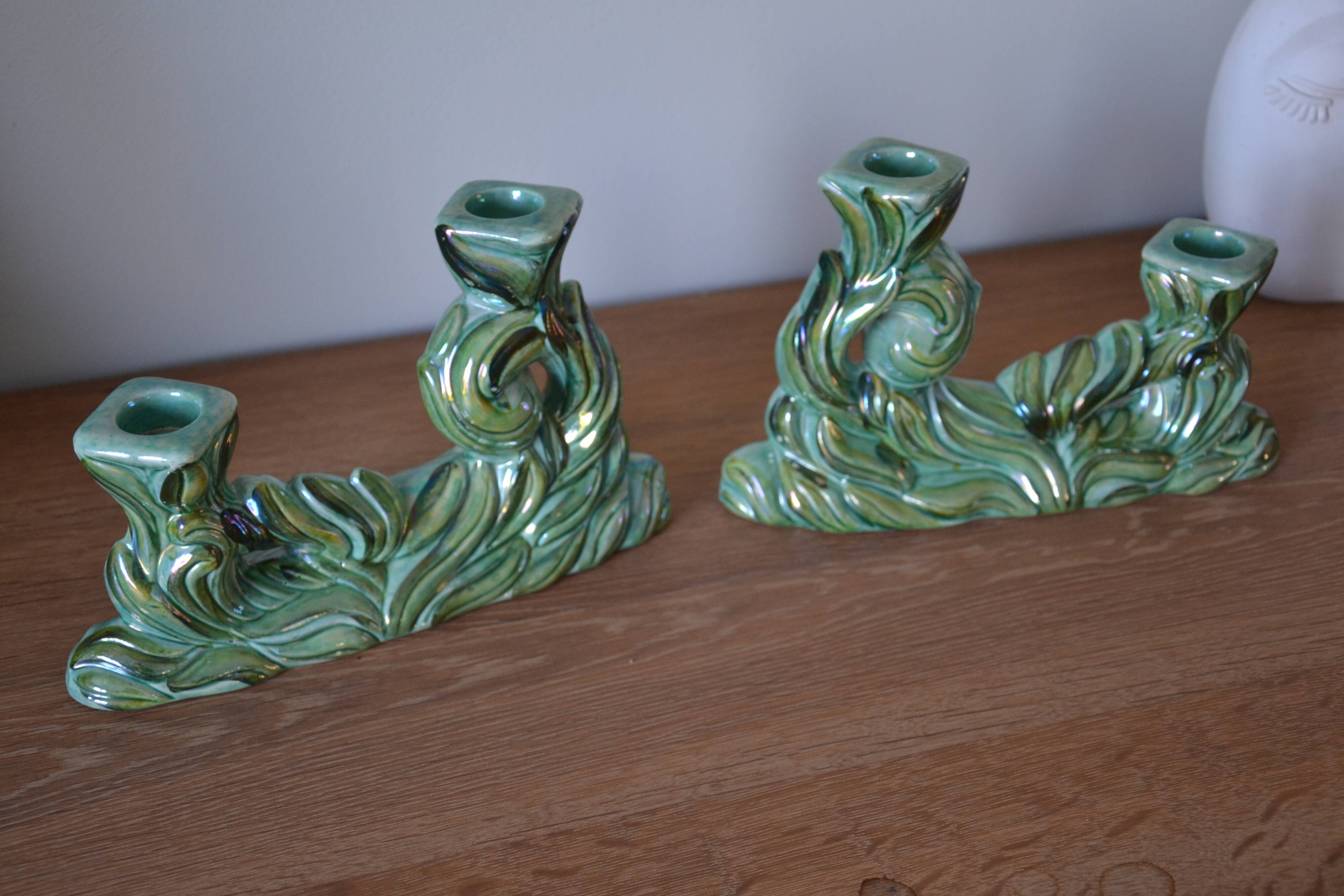 Pair of iridescent green ceramic Art Deco candlesticks