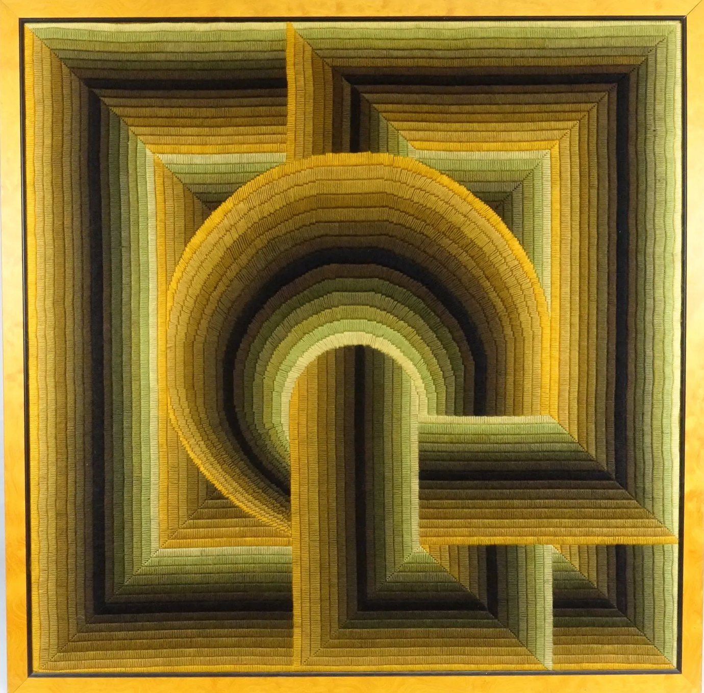 Kinetic tapestry with geometric pattern by Patrice Allard.