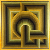 Kinetic tapestry with geometric pattern by Patrice Allard.