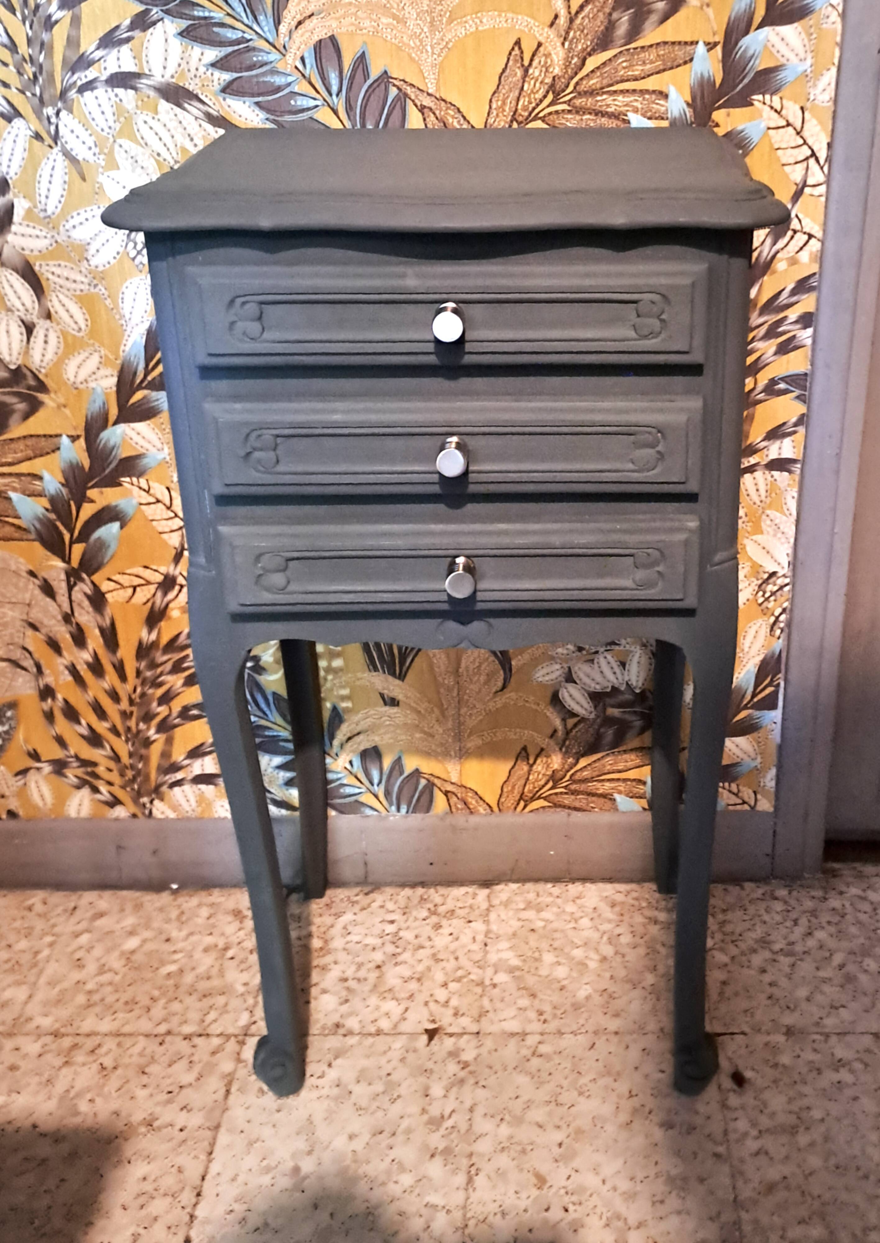 1950 bedside table in painted wood, trench grey color, renovated, 3 drawers