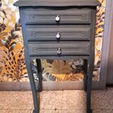 1950 bedside table in painted wood, trench grey color, renovated, 3 drawers
