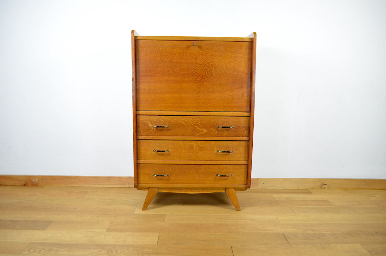 Secrétaire pieds compas & chêne doré vintage 1950