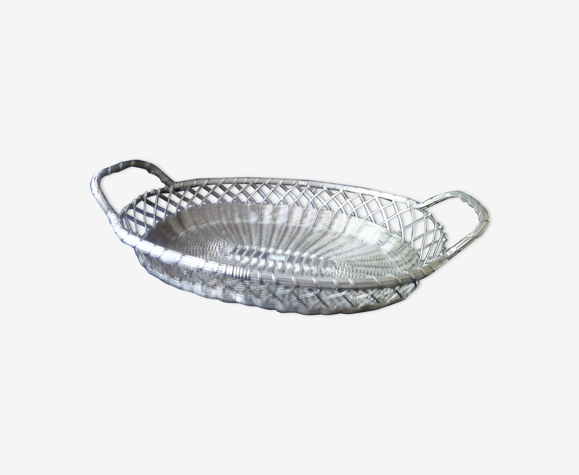Corbeille ou panière en fils de métal argenté tressés 29.5 x 22 cm