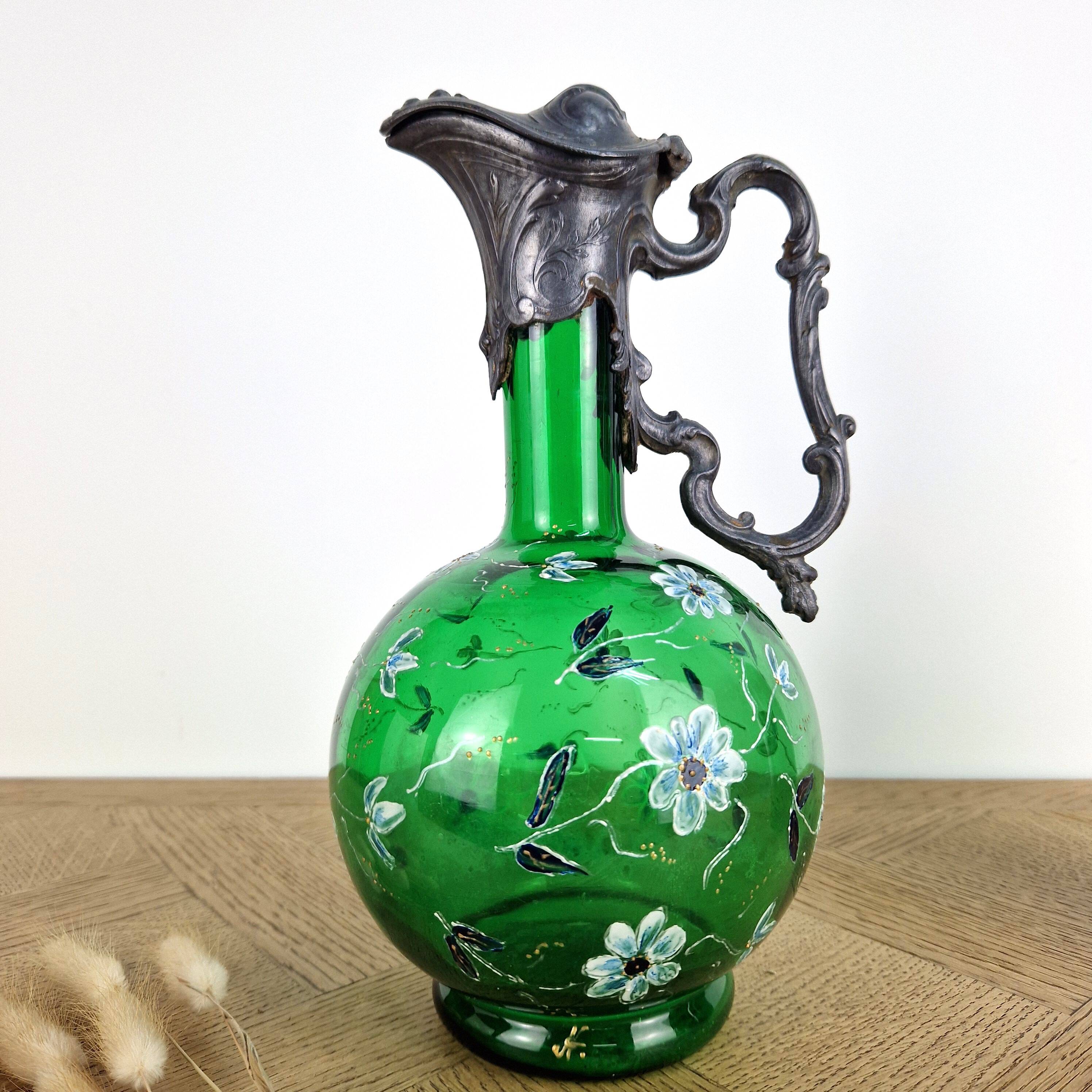 Antique Art Nouveau carafe - Bird jug enamelled glass