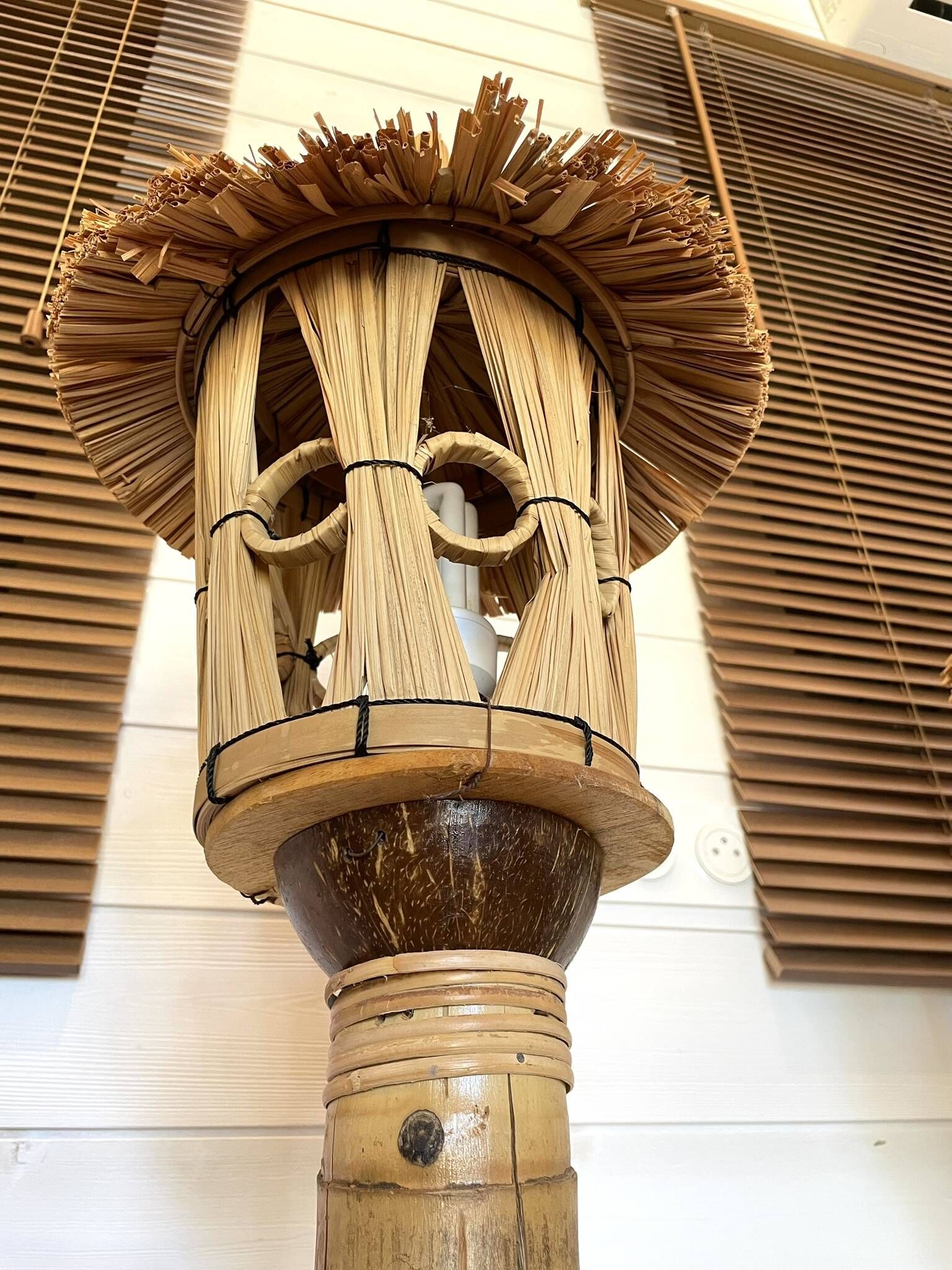 Pair of Tiki Style Lantern Floor Lamps in Bamboo & Rattan – Vintage
