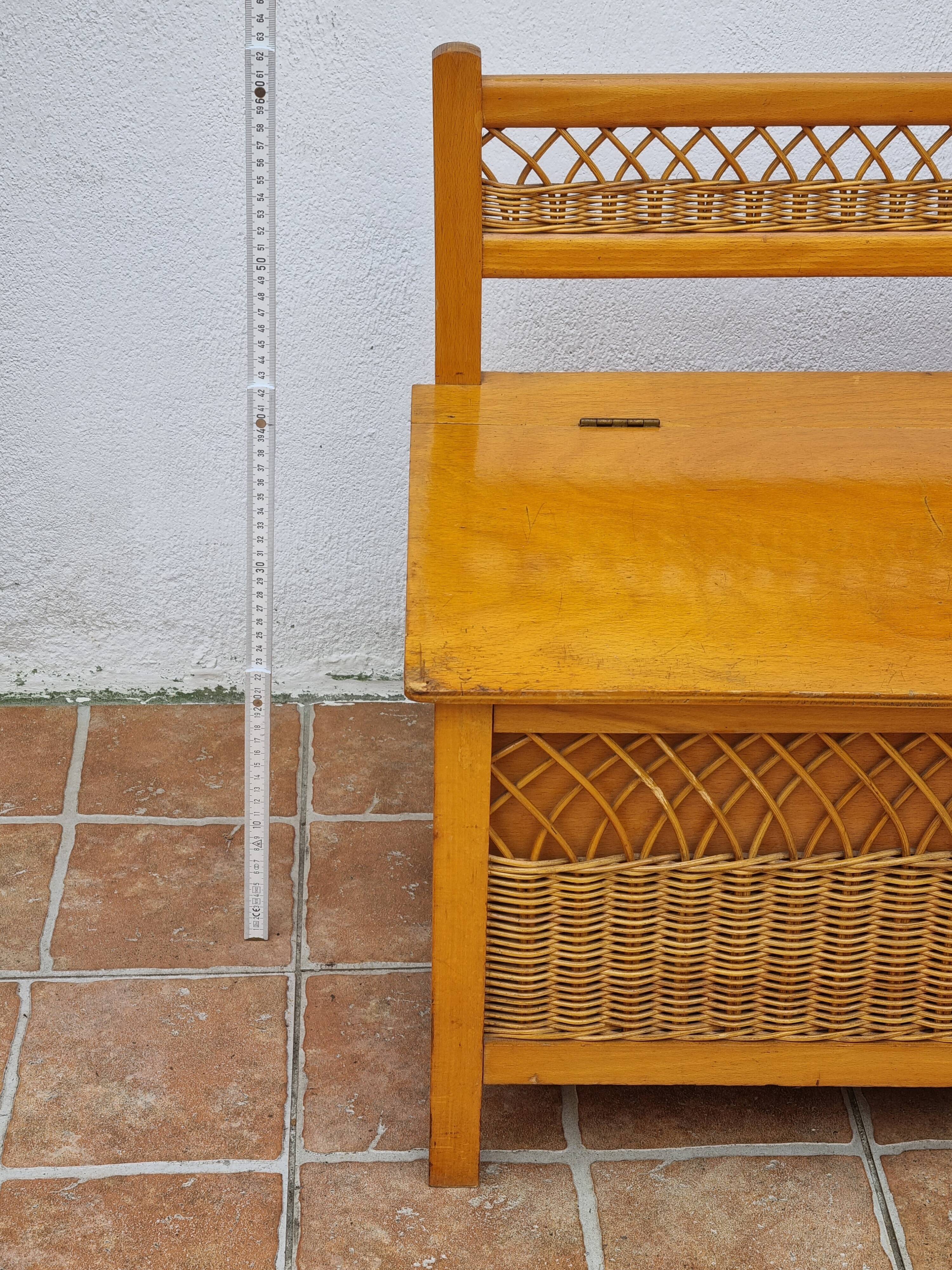 Vintage wooden bench with caning and woven rattan, 1960s-70s.