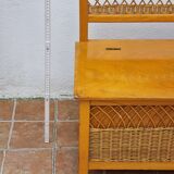 Vintage wooden bench with caning and woven rattan, 1960s-70s.