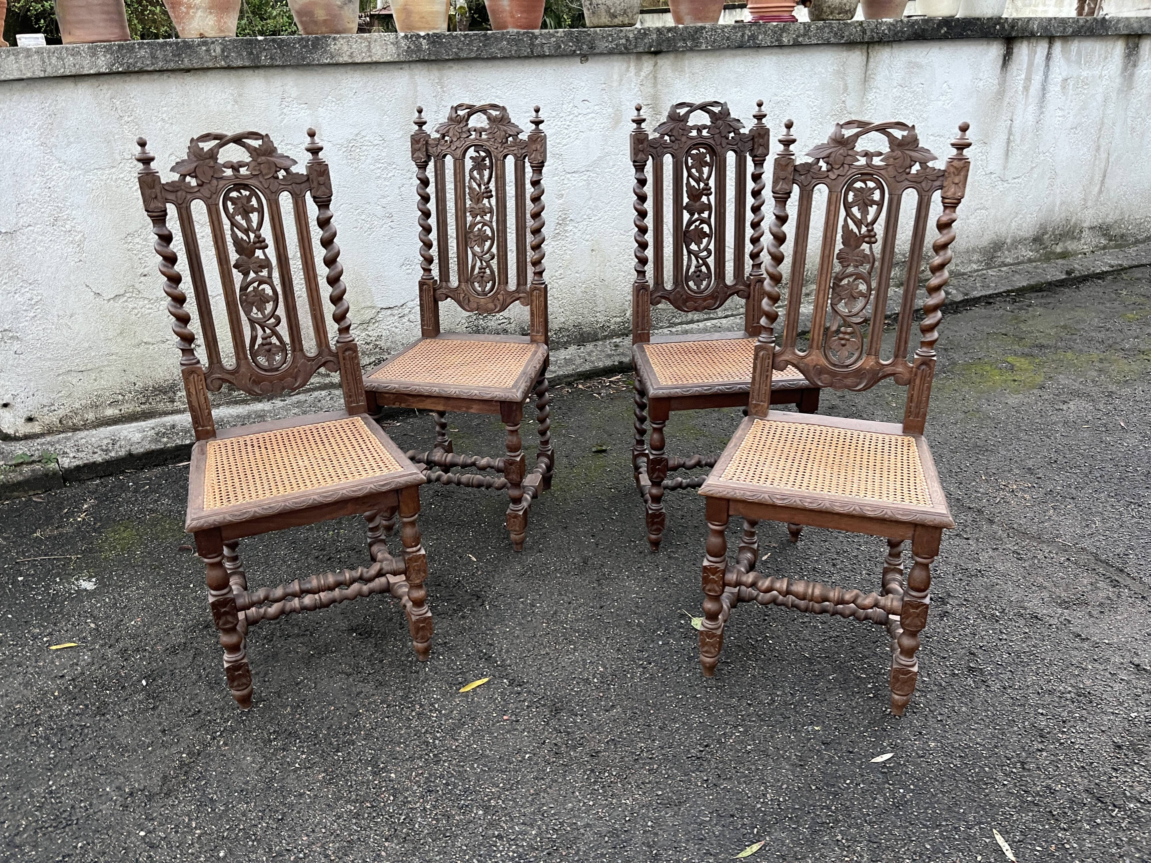 4 Henri II style chairs with twisted columns and cane seats