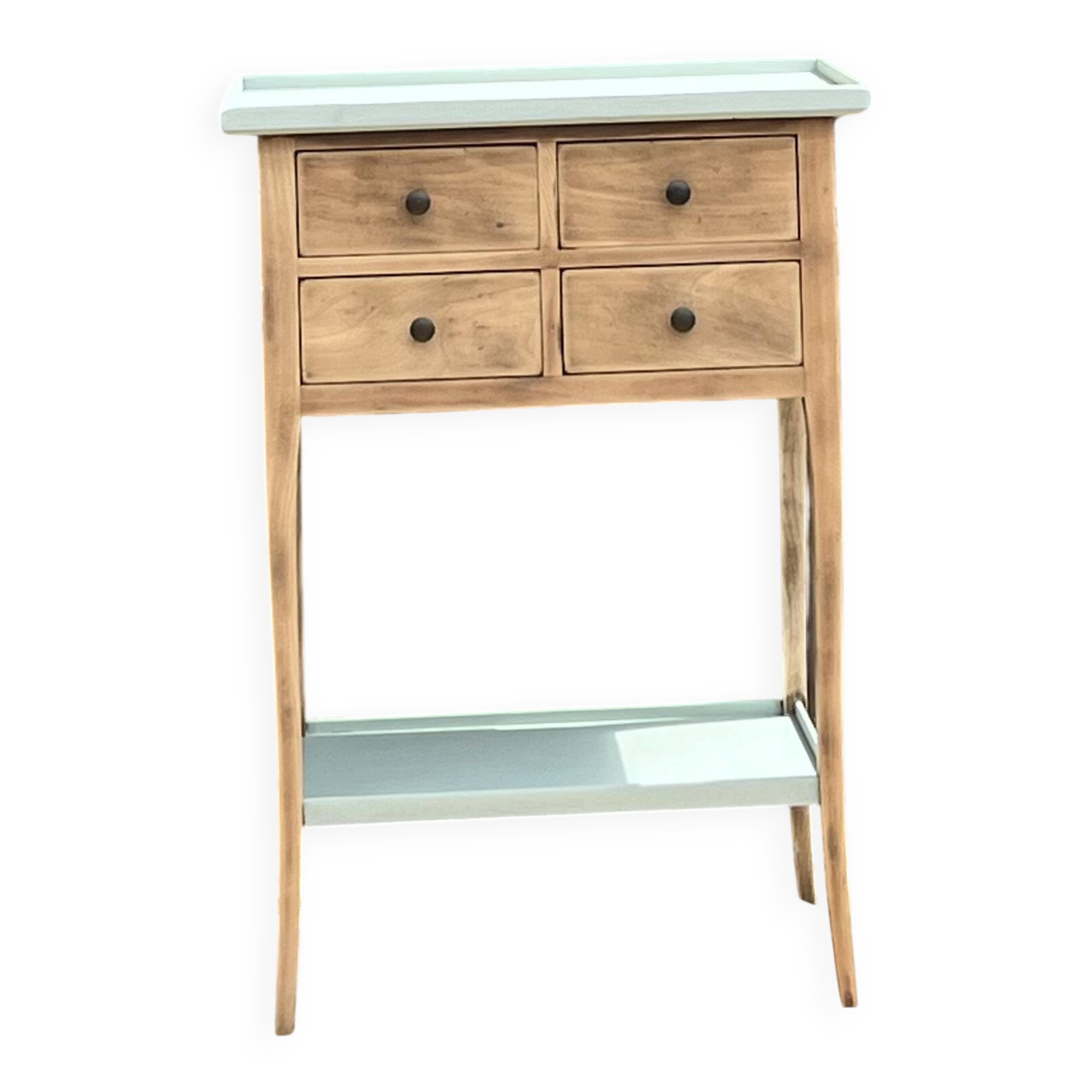 Raw wood console in water green with 4 drawers.