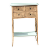 Raw wood console in water green with 4 drawers.