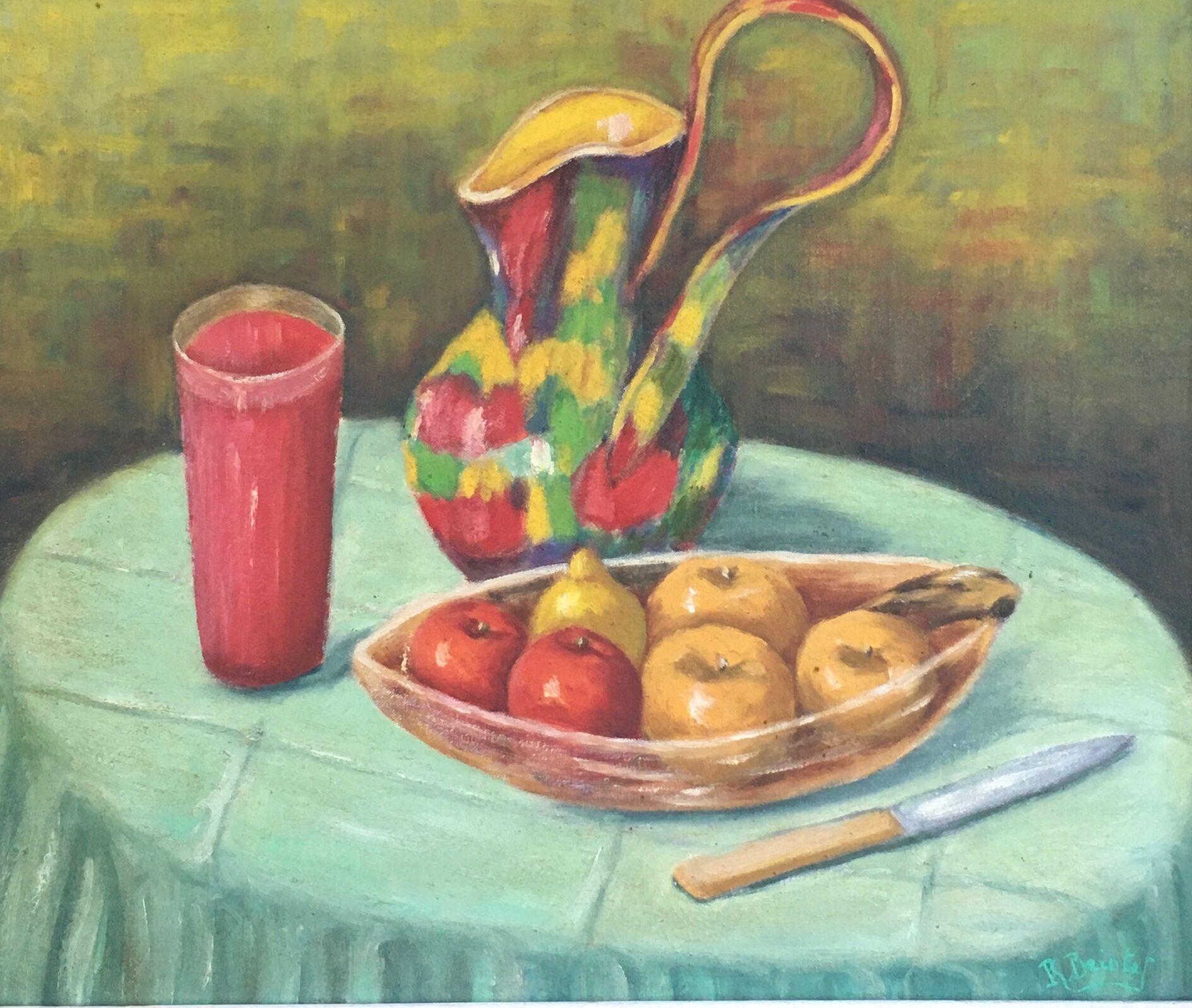 Still life painting with a pitcher and fruit