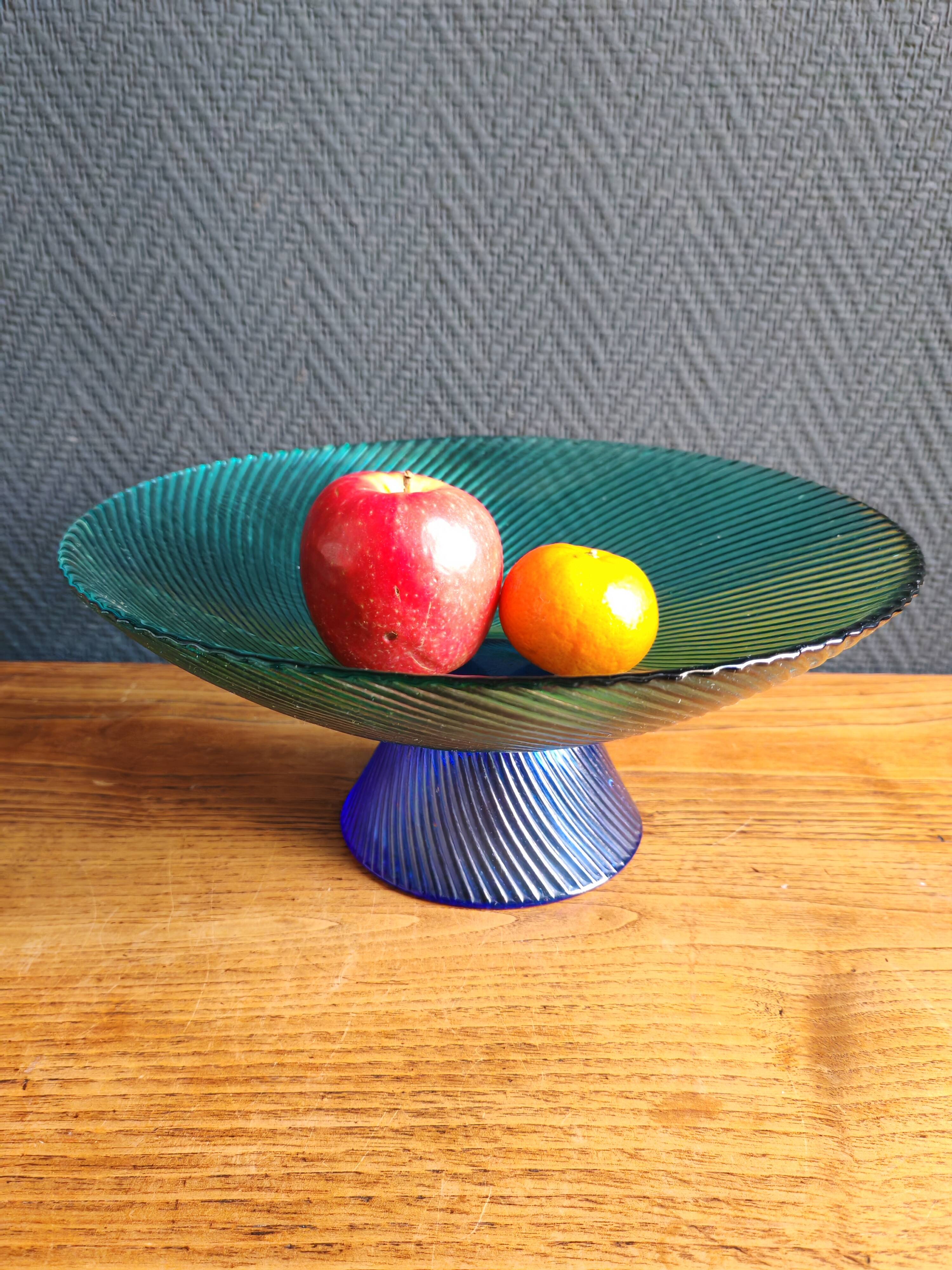Vintage Glass Blown Fruit Bowl – Blue and Green Design Centrepiece