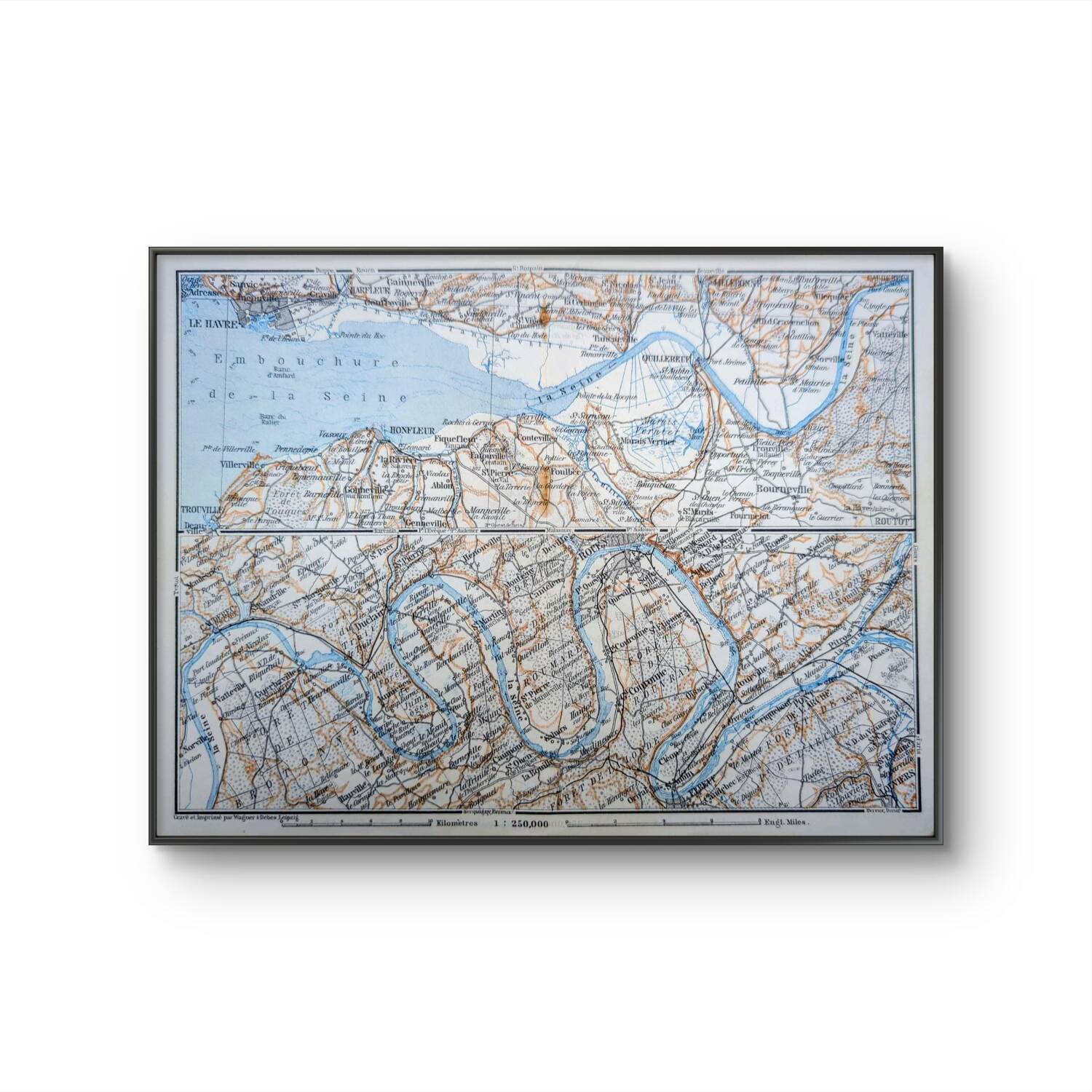 The Seine and its estuary, original map printed in 1902.