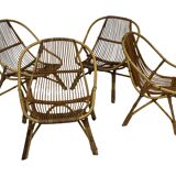 Ensemble vintage de 4 fauteuils club en rotin Rohe Noordwolde 1960