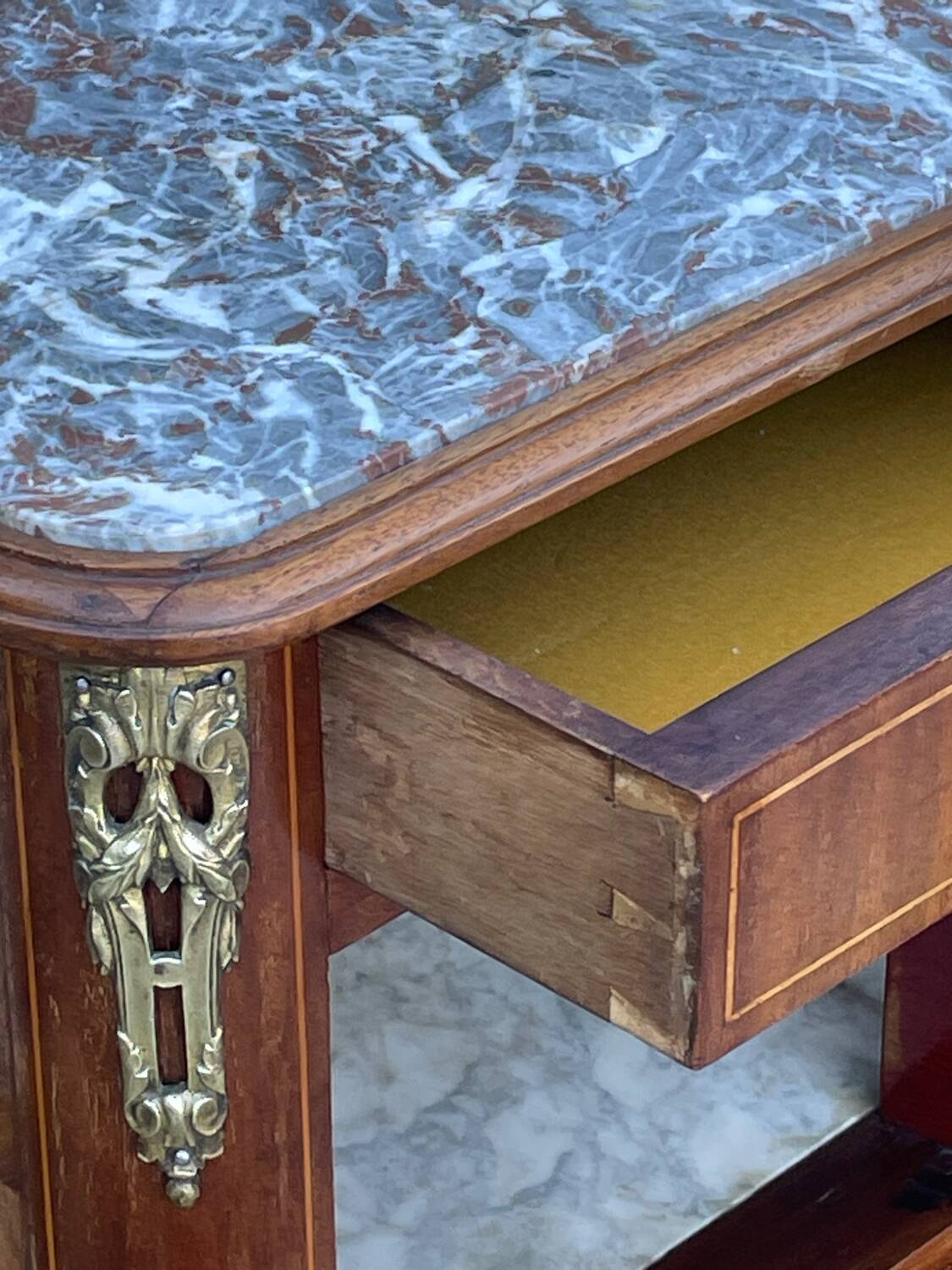 Bedside table in wood marquetry from the 19th century