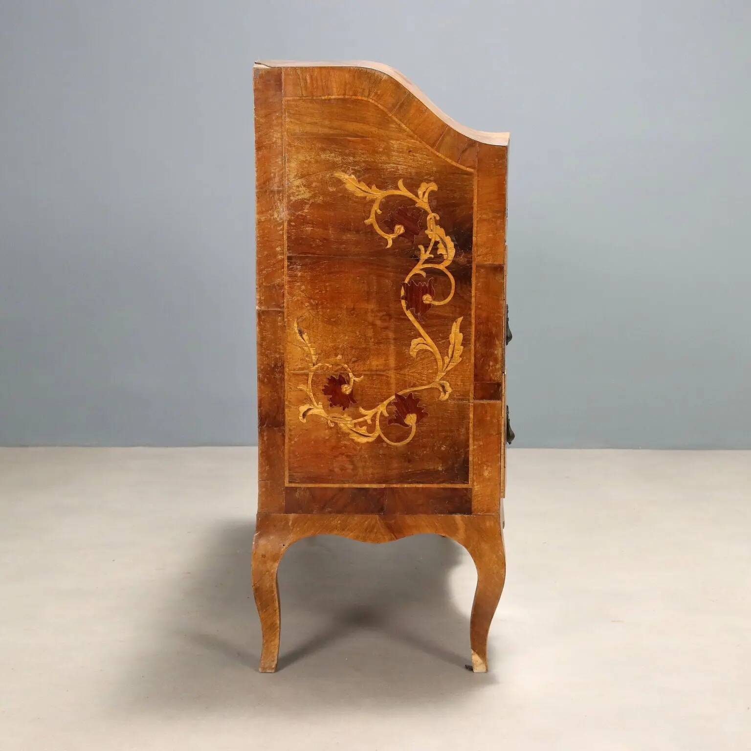 Antique walnut secretary cabinet with drop-down front, 2 drawers, Italy, 20th century.