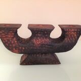 Brutalist chandelier with three heads in burnt wood / vintage 60s-70s