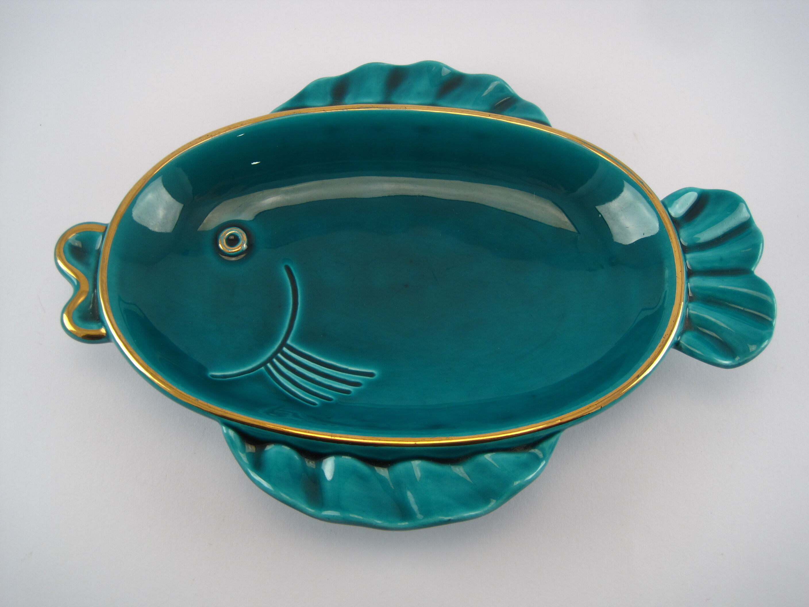 Empty cup stylized fish pocket green earthenware enamelled VERCERAM 1950 to 1970